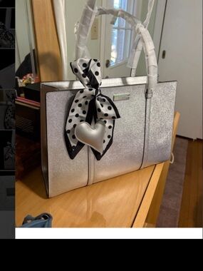 kate spade Silver Metallic Tote with Polka Dot Scarf and Heart Charm